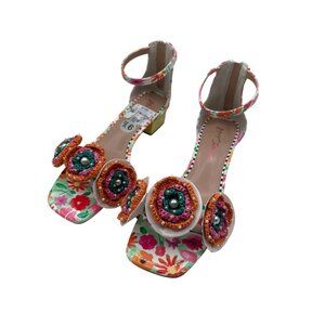 Betsey  Johnson Size 9.5 Floral Embellished Fashon Ankle Strap Sandals